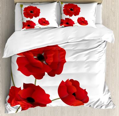Floral Duvet Cover Poppy Flowers Vivid Petals Buds Pastoral Purity Nature Design Decorative Bedding Red Green for Women Adults