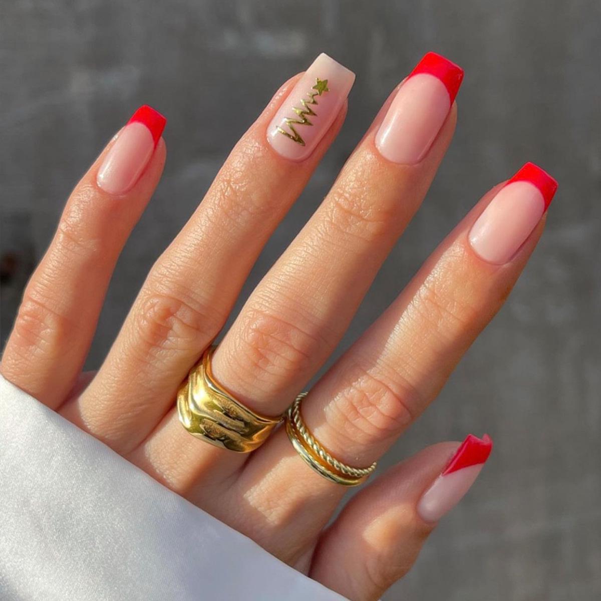 

Red French Square Nail Art Patches - Long, Stylish False Nails