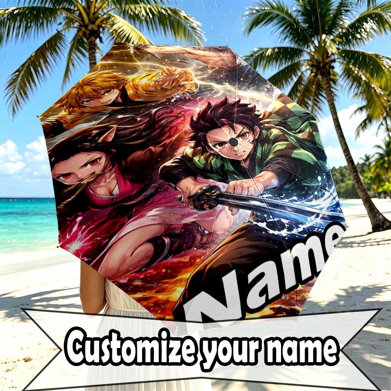 Custom Name Personalized Demon Slayer Print Umbrella, Auto Open Close, 8‑Rib Sturdy Frame, Commute Camping Hiking Use, Birthday Gift