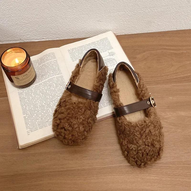 Projektanckie Vintage Damskie Ciepłe Futrzane Płaskie Buty Moda Płytkie Klamra Paska Wiosna Jesień Damskie Wygodne Mokasyny Buty