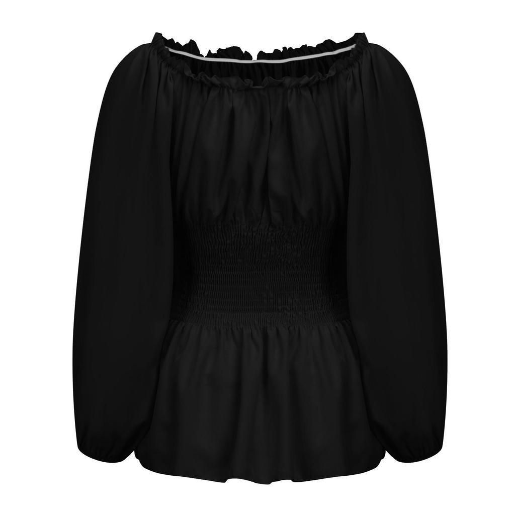 Fashion Women's Solid Color Long-sleeved Strapless Ruffle Trim Drawstring Shirt