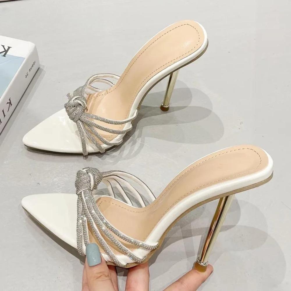 Eilyken New Summer Women's Slippers Crystal Rhinestone Pointed Toe High Heel Slide Shoes Fashion Party Prom Sandals