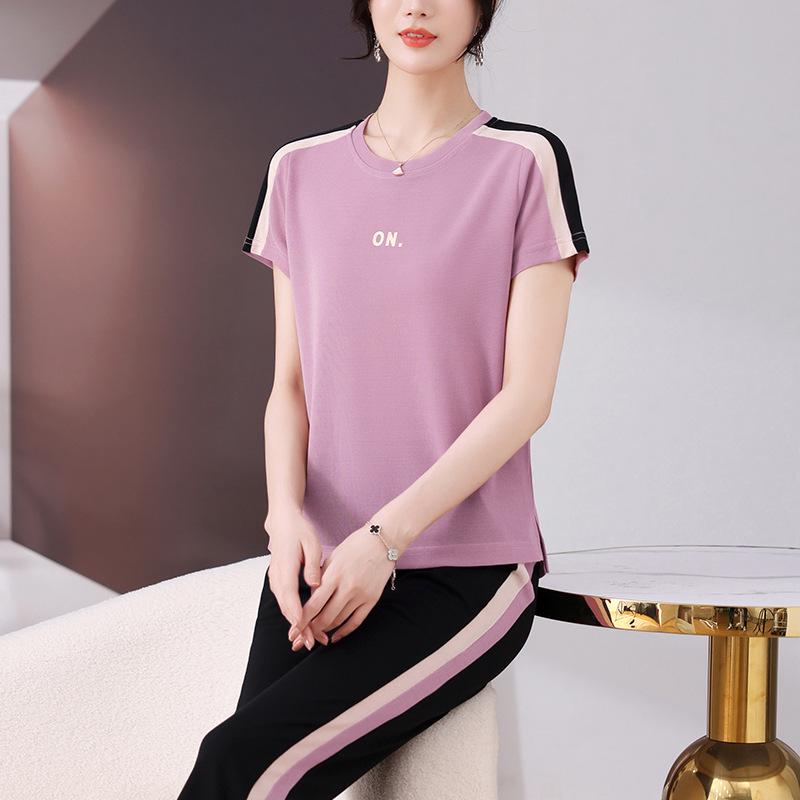 

2025 Summer Fashion Sportswear: Casual Short-Sleeved T-Shirt and Pants Set for Middle-Aged Women 5XL яскраво-червоного кольору