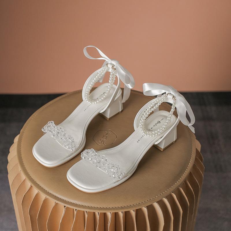 Fashion Sandals Straps Bow Shoes Summer Heels Suit Female Beige Square Toe Mary Jane Lace Up Comfort Girls Black Buckle Pearl Low 2025 B