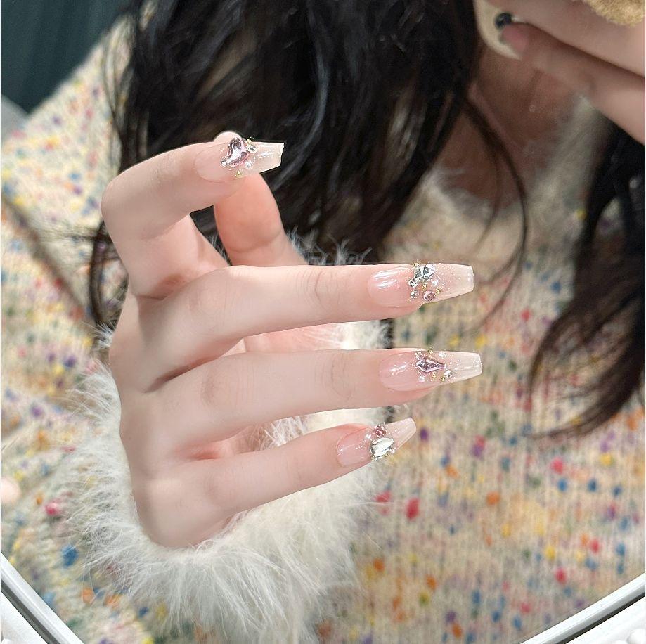 Exquisite Bridal Nail Tip With Galaxy Diamond Radiant Translucent Stylish Detachable