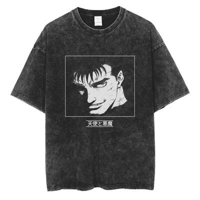 Gewaschene Berserk Baumwolle Herren Vintage Japan Anime Übergröße Hemden Streetwear Sommer Kurzarm T-Shirt Locker Baumwoll-Tops
