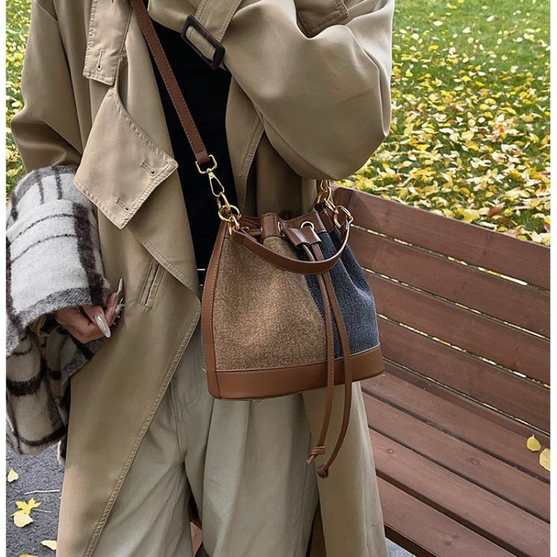 Popular bags women's autumn and winter new casual contrasting colors shoulder messenger bag bucket bag