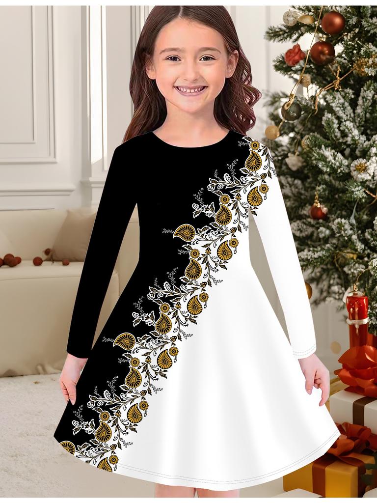 Girls' Autumn and Winter Fashion Dress, 3D Abstract Pattern Print  Round Neck Long Children's T-shirt Dress, Casual Versatile, Christmas Clothing
