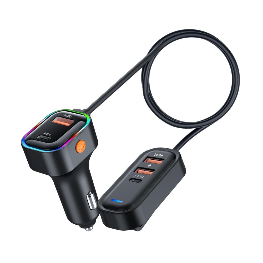 

30W 5 Ports USB Fast Car Charger Adapter With 1.5M Cable Type C PD QC3.0 For iPhone 16 Pro Samsung Huawei Xiaomi Phone Charging чорний
