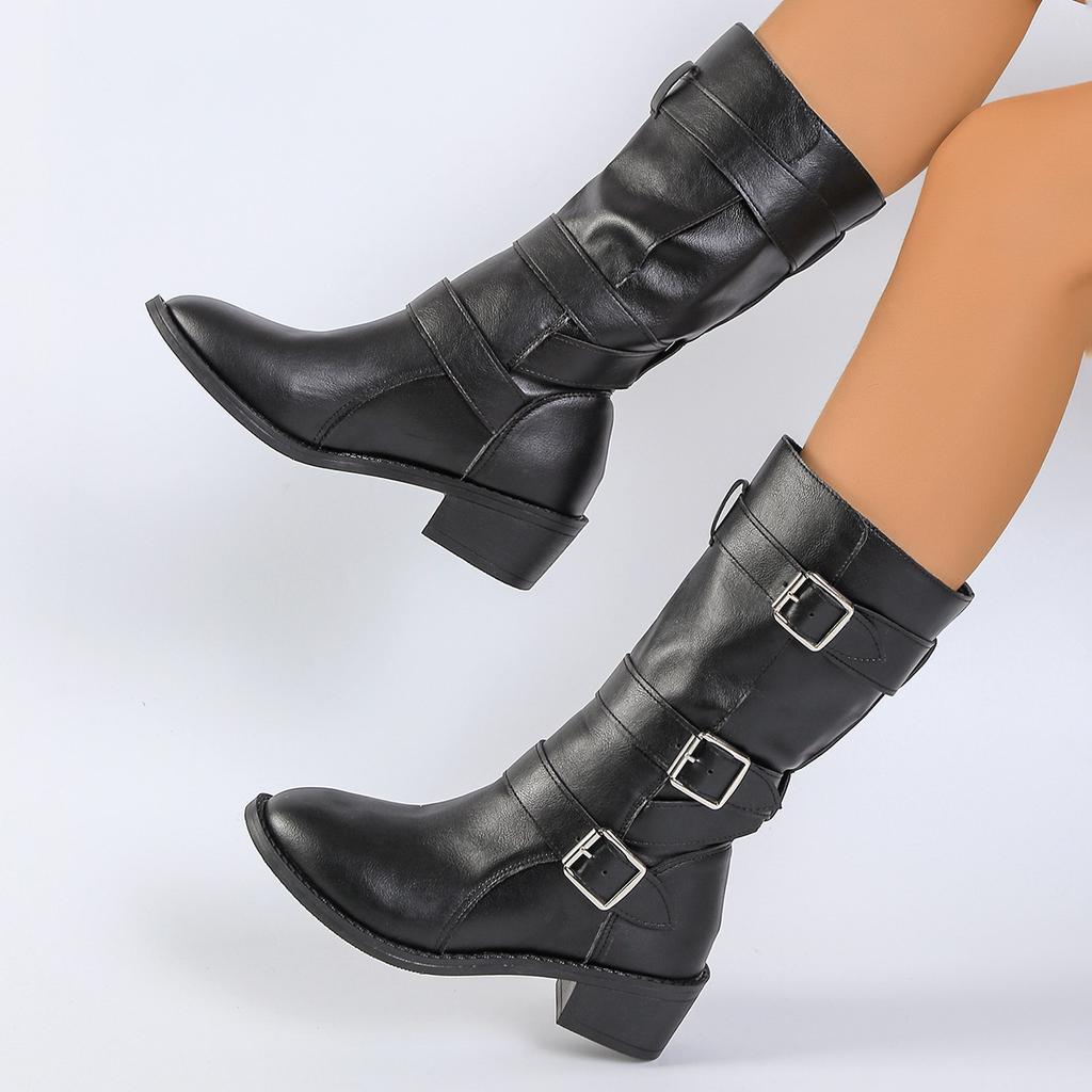 Fashion Comemore Autumn Winter New Pointed Toe Mid-calf Boots Vintage Chunky Heel Belt Buckle Western Knight Gothic Black Women Shoes