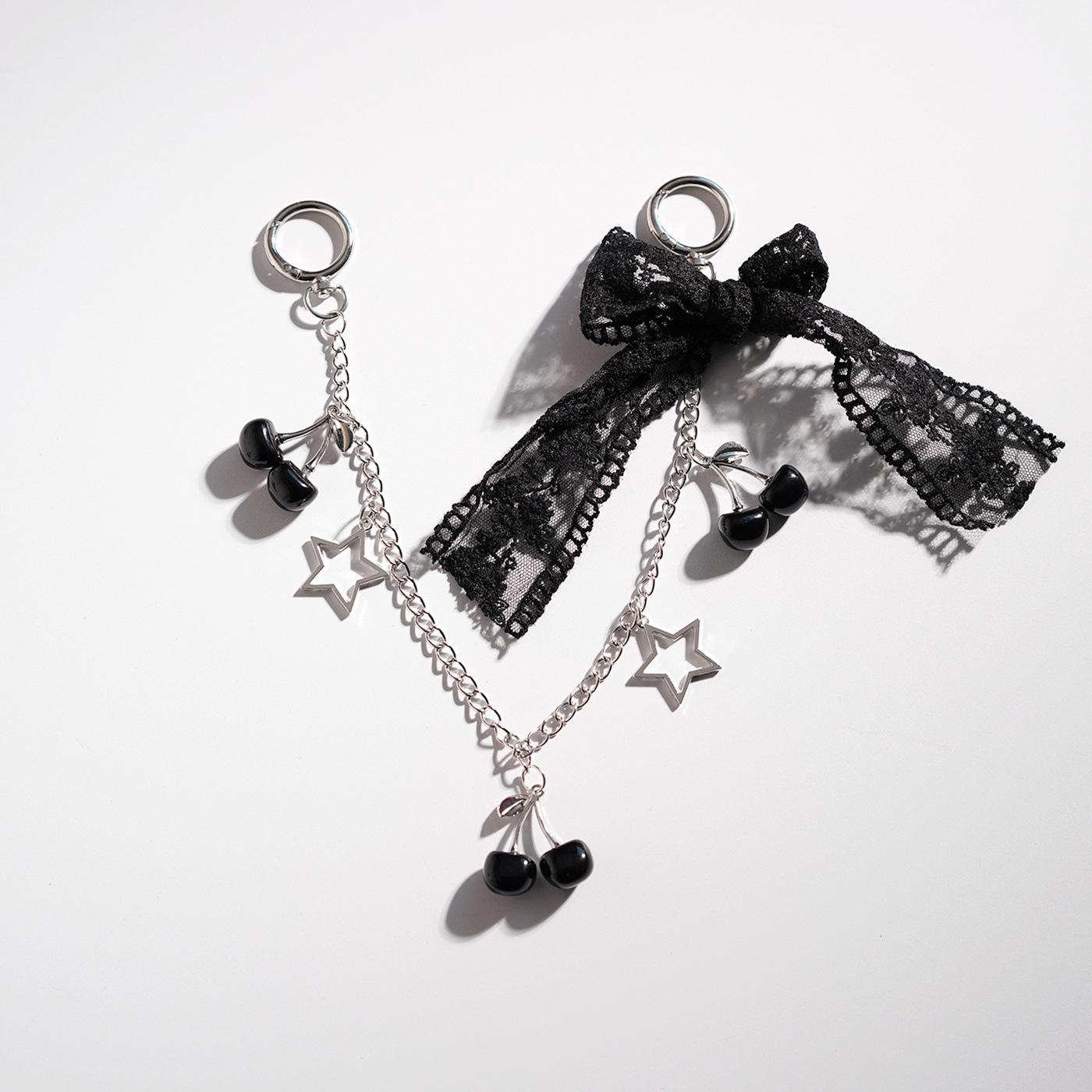 Sweet Cherry Bow & Star Heart Keychain with Silver Chain