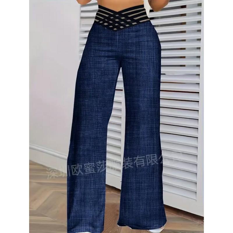 Womens High-Waisted Wide-Leg Pants With Cutout Waistband Casual Office Trousers Stretchy Loose Fit