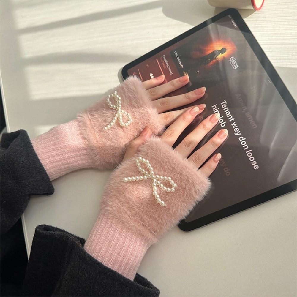 Pearl Bowknot Winter Fingerless Gloves Thickened Bow Gloves Softo= Wrist Sleeves Winter