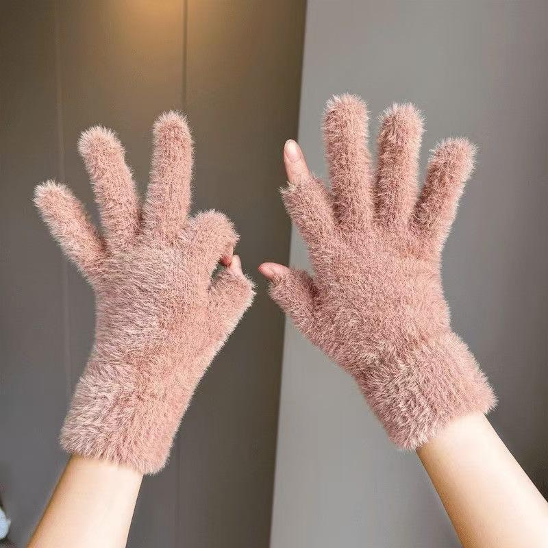 Gloves, Winter Dew Two Fingers To Keep Warm, Fleece Half Fingers, Cute Plush, Cold-proof and Leak-proof Fingers, Students Riding Bicycles