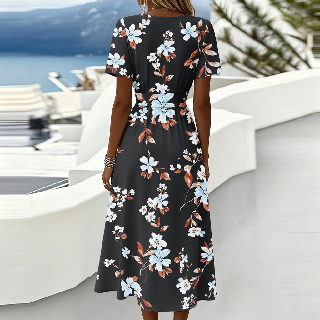 Women's Casual V Neck Waist Cinched Floral Print Short Sleeve Midi Dress Lightweight Comfortable Fabric Summer Dress