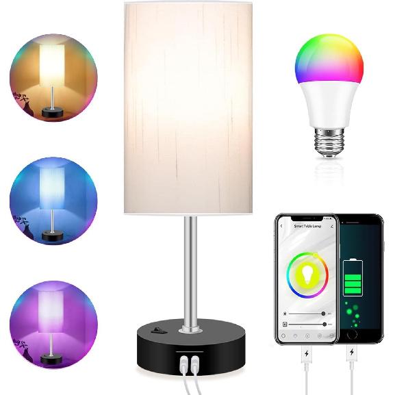 Bedroom Lamp with Smart RGB LED Bulb, Multicolor Changing Table Lamp for Bedroom with 2 USB Port, Dimmable Bedside Lamp Work with Alexa, Smart
