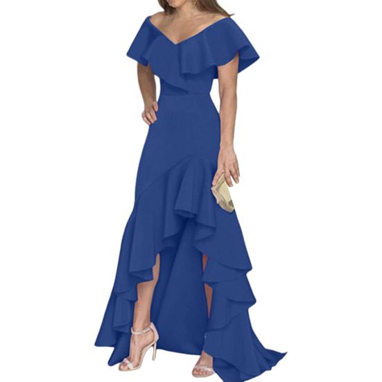 Women Evening Dress Ruffle Patchwork V Neck Slim Fit Irregular Hem Sleeveless Floor Length Pure Color Ball Gown Party Banquet Maxi Dress