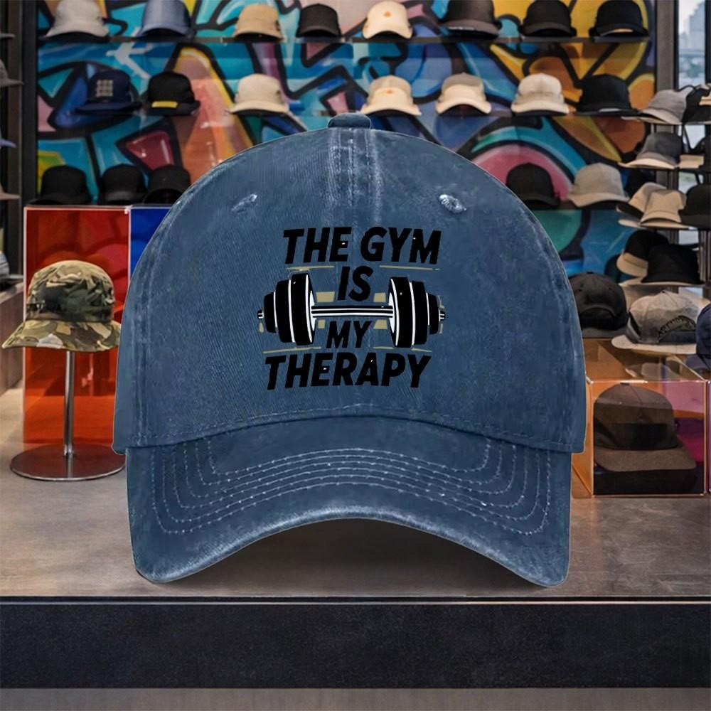 Gym Is My Therapy Fitness Graphic Washed Baseball Cap Adjustable Casual Cotton Outdoor Hat