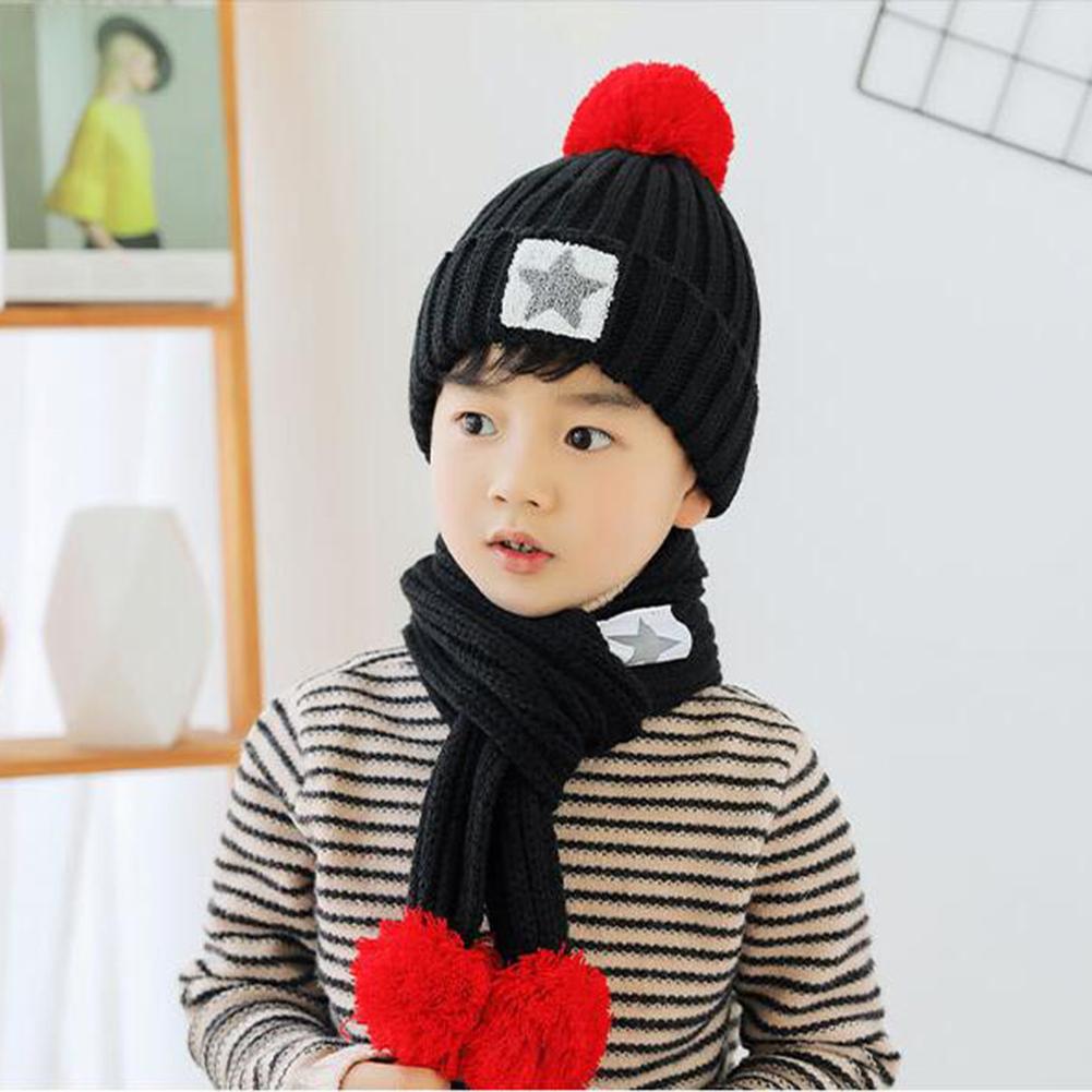 2Pcs/set Kid Knitting Hat Beanie + Long Scarf Thicken Velvet Cute Star Winter Warm Set
