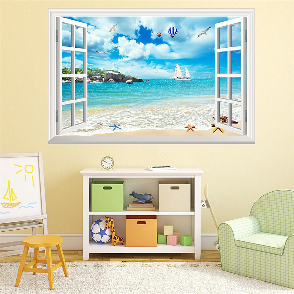 57*90cm 3D Plážový Racek Horkovzdušný Balón Falešné Okno Nástěnná Malba Obývací Pokoj Ložnice Odnímatelná Nástěnná Samolepka Hoom Dekor