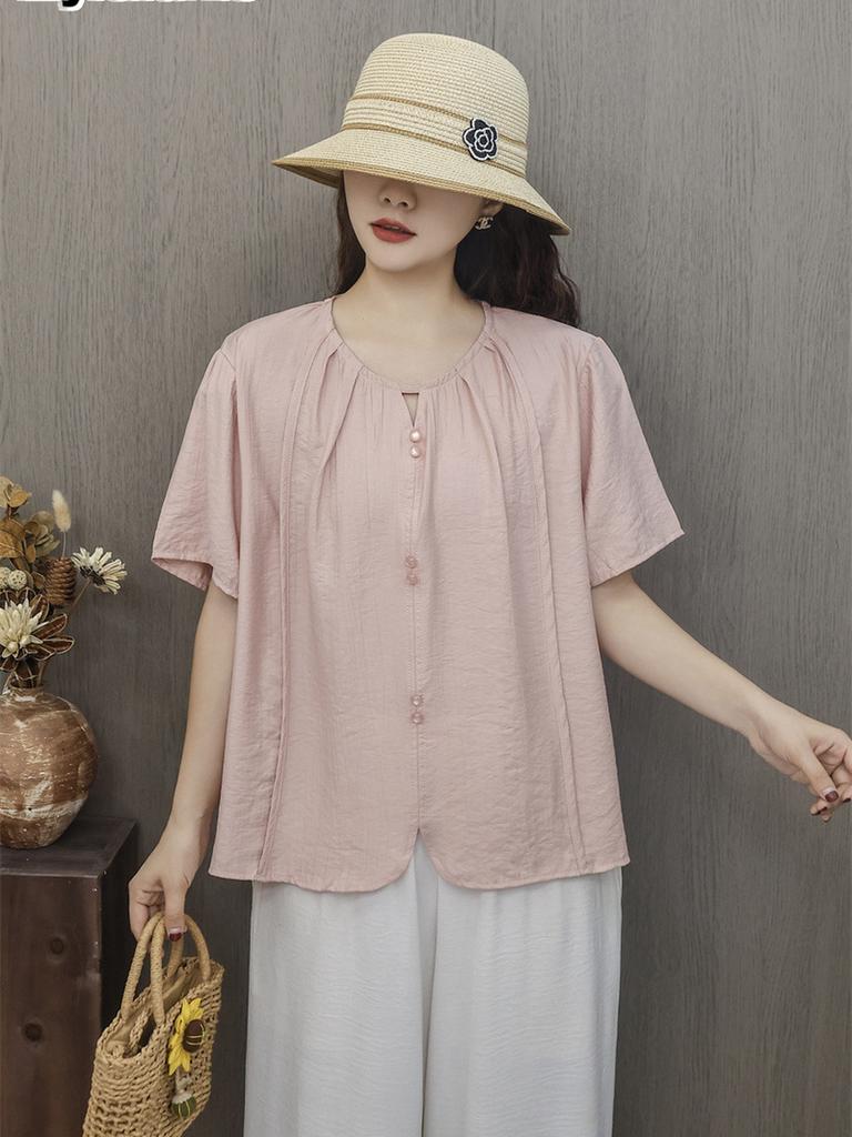 Summer New Modal Cotton Linen Loose Oversized V-Neck Sweatshirt Shirt Women's T-Shirt