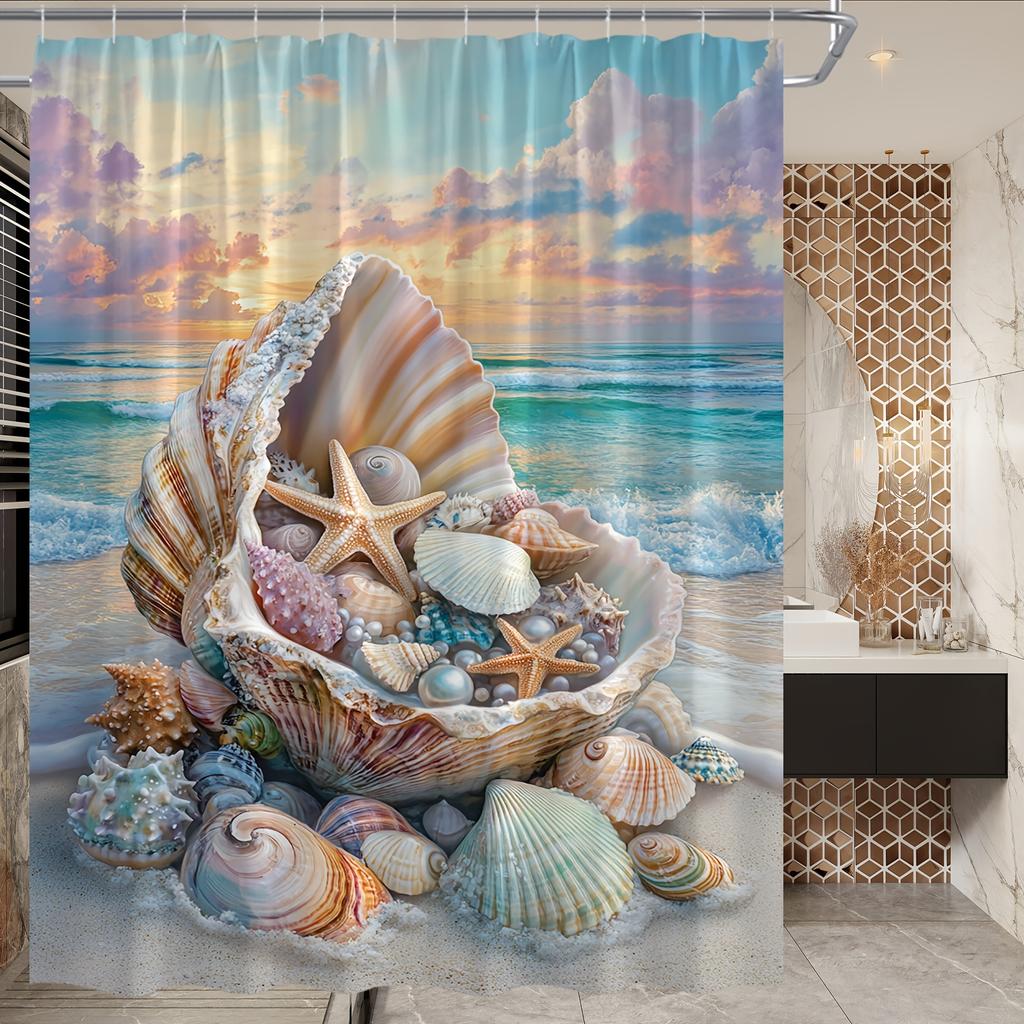 Waterproof Ocean Seashell Beach Shower Curtain Tropical Nautical Bathroom Decor Art Print Curtain for Home Use