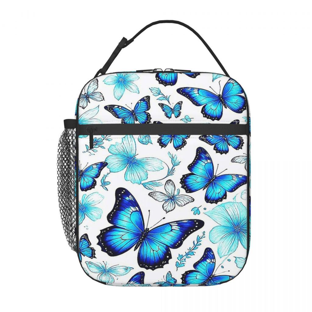 Blue Butterfly Pattern Insulated Lunch Bag for Kids School Cooler Thermal Food Box Tote Portable Lunch Boxes Container