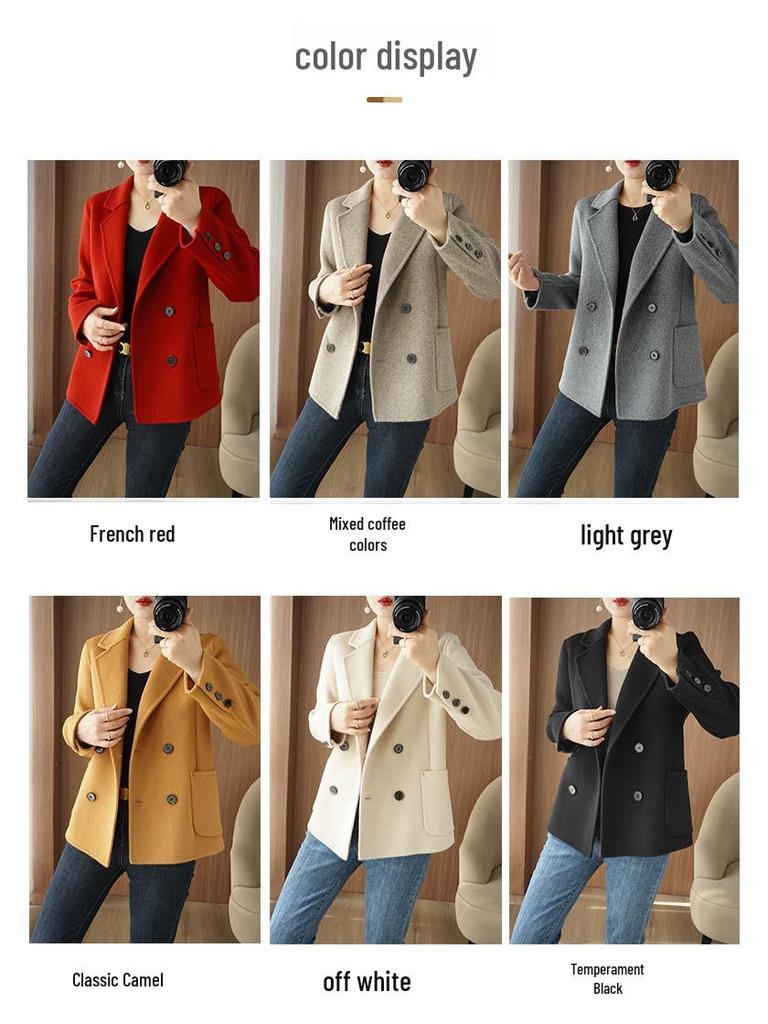 Women's Petite Double-Breasted Wool Cashmere Coat - Autumn/Winter Suit Collar Overcoat