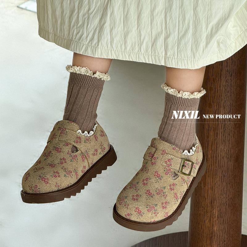 Winter new girls' big cotton shoes lace edge floral fleece frosted leather cotton shoes