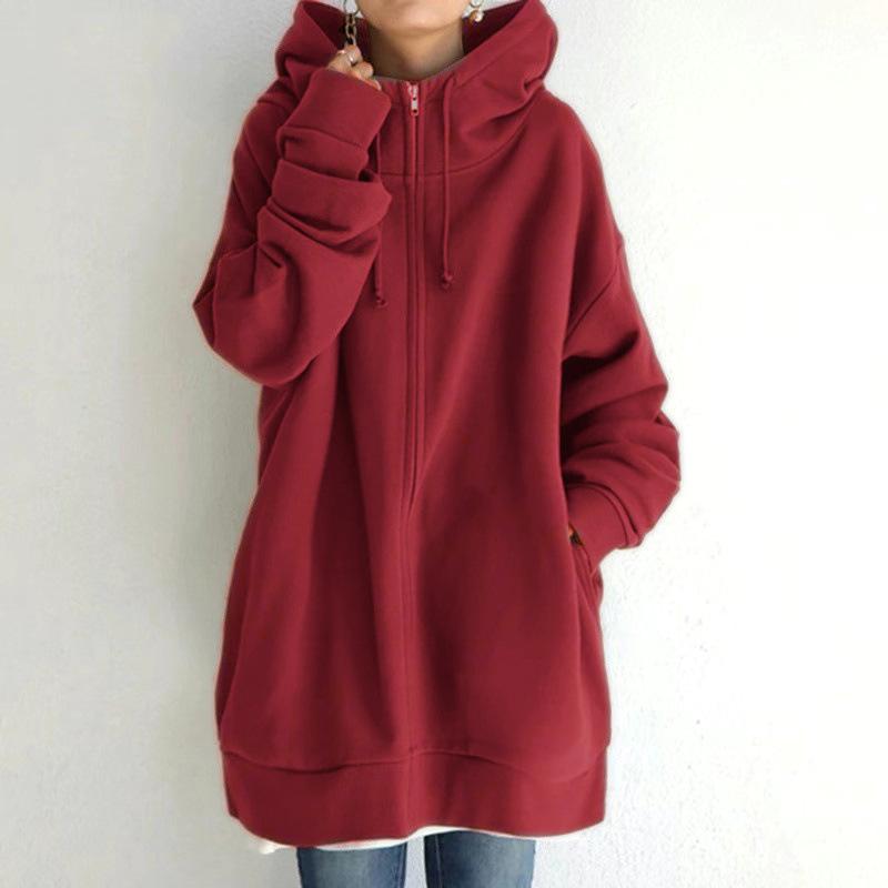 Autumn and Winter Women's New Personality Street Casual Warm Sweater Zipper Hooded Long Fleece Jacket