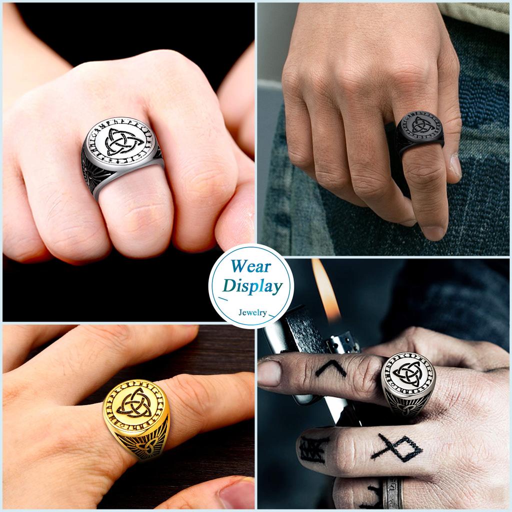 Big Signet Rings for Man Norse Viking Runes Valknut Wolf Head Triquetra Onyx Agate Size 7-14 Jewelry Gift for Him