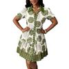 Plus Size Women Polo Collar Patchwork Puff Sleeve Casual A Line Short Mini Dress
