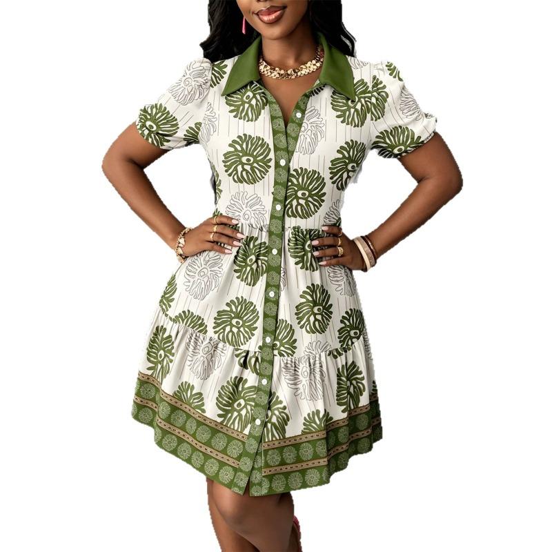 Plus Size Women Polo Collar Patchwork Puff Sleeve Casual A Line Short Mini Dress