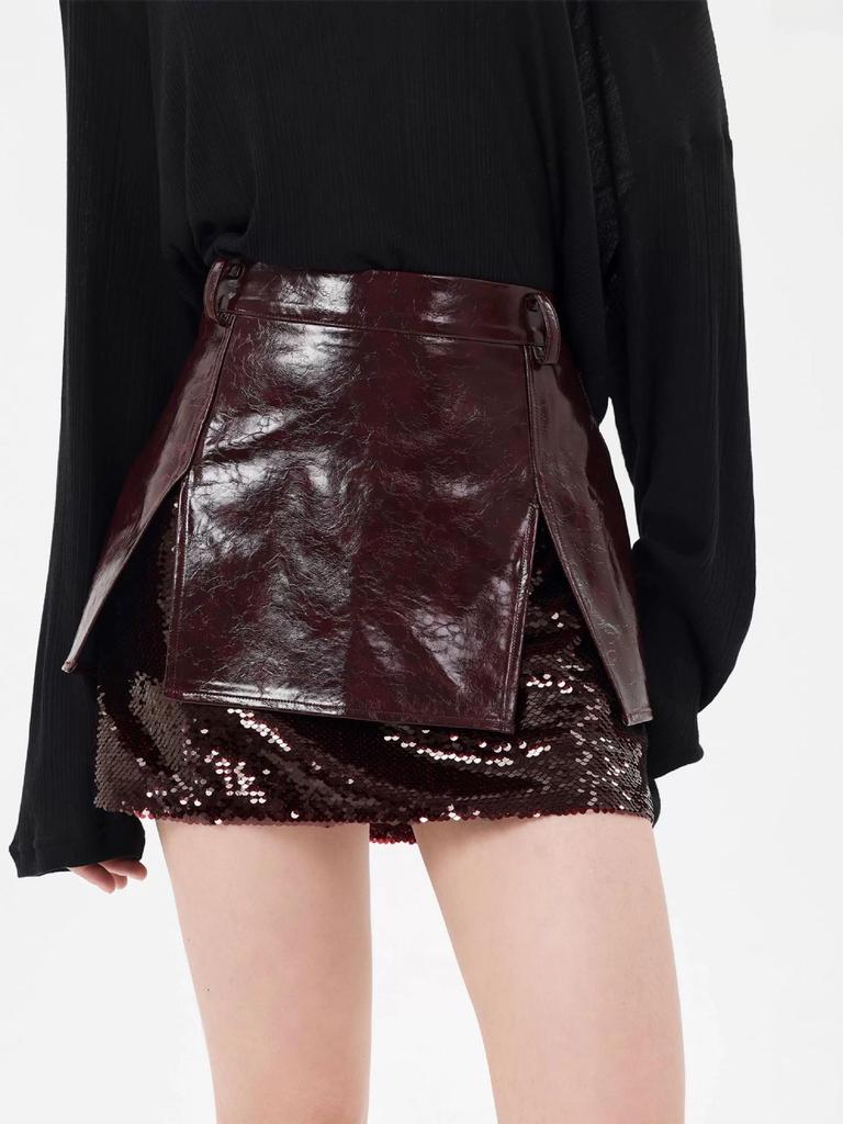 Niche Design Sequin A-line Wine Red Leather Skirt 2026: Women's Slimming Spring/Summer Fashion