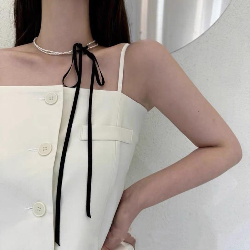 Chic Ribbon Necklace Pendant Necklace Double Layer Necklace Modern Beads Necklace Fashion Neck Jewelry for Fashion Look