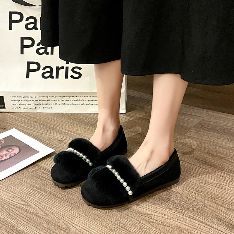 fashion New Women's Pumps Slip-on Platform Shoes for Women Round Toe Shallow Loafers Outdoor Luxury Furry String Bead Solid Color Shoes