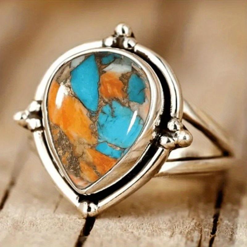 

1pc Women s Fashion Statement Ring, Vintage Bohemian Style Inlaid Drop Gemstone Pattern Ring, Casual Party Vacation Jewelry for Women in Indian-Inspir 6