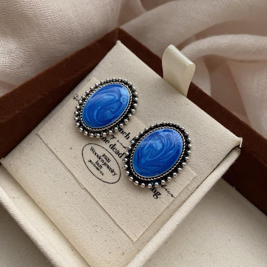 Oval Blue Texture Drip Earrings Earrings Niche Light Luxury Personality Ethnic Style Exquisite High Temperament Earrings