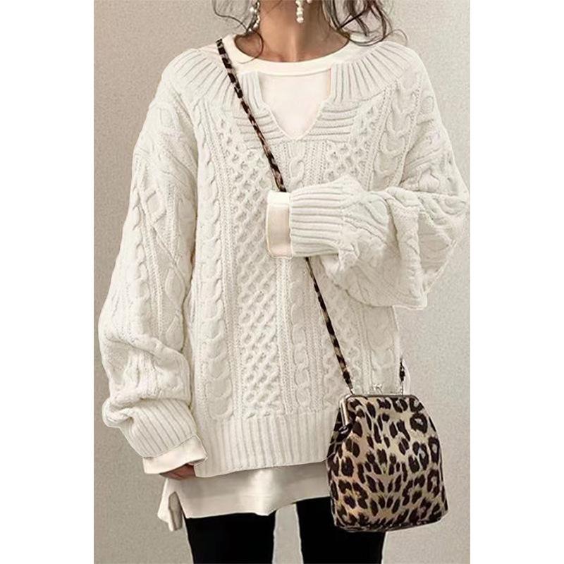 Suéter de Punto Casual de Color Sólido de Moda Tendencia Otoño Invierno para Mujer, Cuello en V, Básico, Jersey
