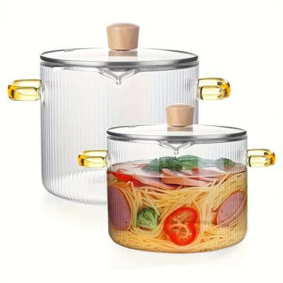 1.6L High Borosilicate Glass Pot, Clear Vertical Striped Cooking Pot, Double Handle Stovetop Pot for Soup Noodle Stew, Microwave & Cooker Safe