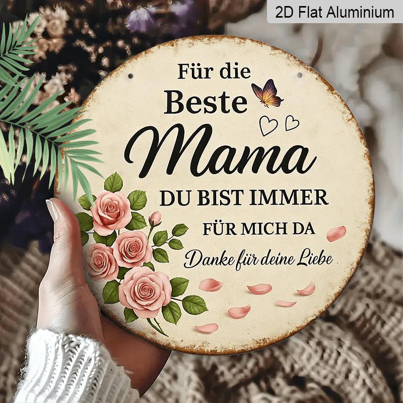 2D Flat, 1pc Vintage Aluminum Sign (7.87''x7.87''), German Best Mom Warm Quote with Rose Petals Plaque, Ideal for Bedroom Living Room Dining Room