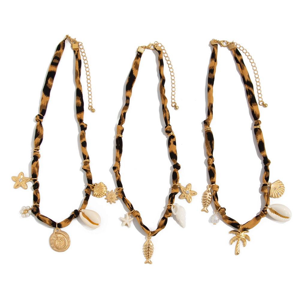 Holiday Style Starfish Shell Coconut Tree Sun Pendant Necklace, Sexy Leopard Print Cotton Collarbone Necklace