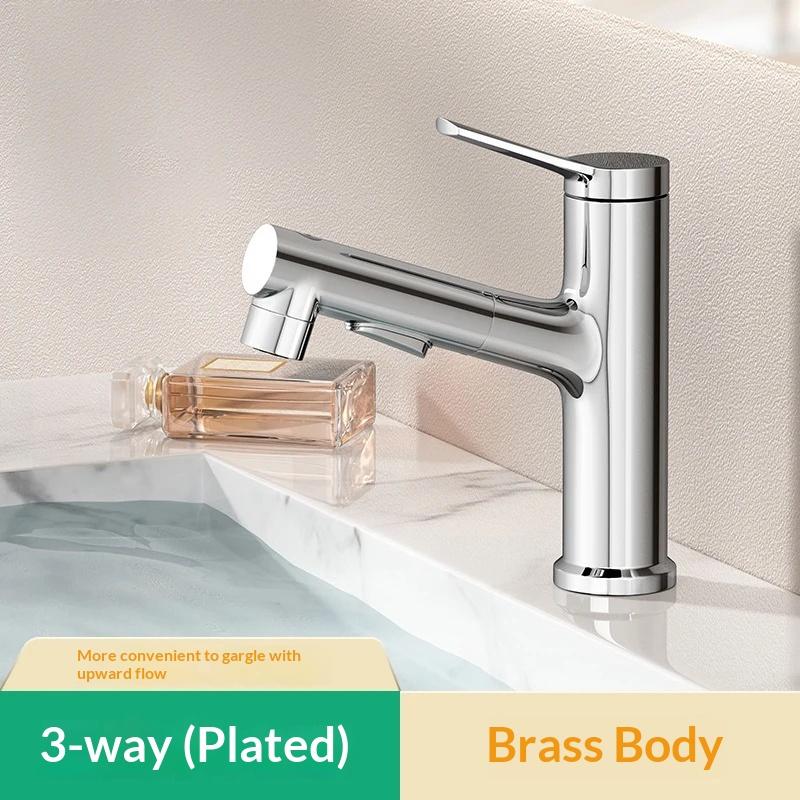 Robinet de salle de bain 3 voies à tirette Mitigeur eau froide 59 Laiton Gunmetalblackwhitechrome Bec rétractable Pour lavabo argenté