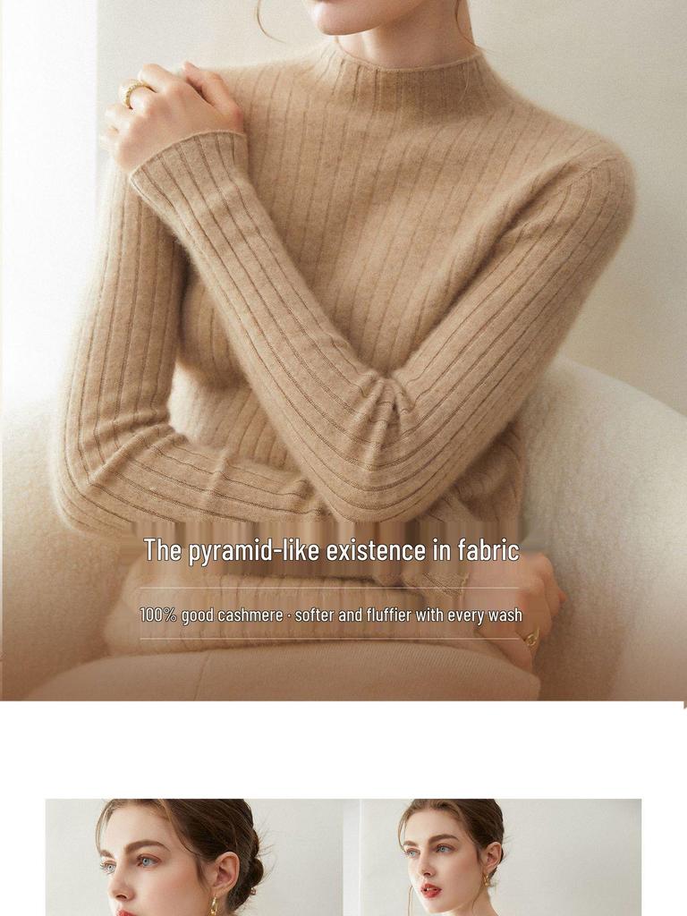 Women's 100% Pure Cashmere Striped Slim Fit Half-High Neck Sweater, Warm Autumn & Winter Knit Base Layer