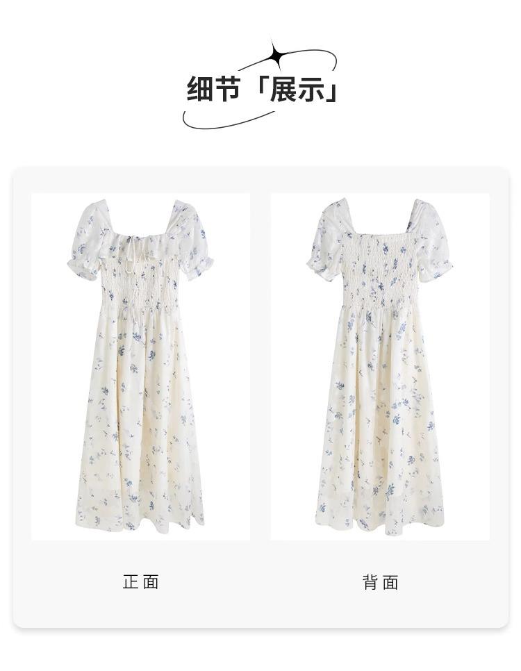 French Square Neck Bubble Sleeve Dress 2026 Summer New Style Waist Thin Jacquard Dress Mori