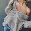 Damtoppar V-ringning Långärmad Enfärgade Stickade Toppar Mjuka Stretchiga Löstsittande Tröja Vår Höst Casual Toppar