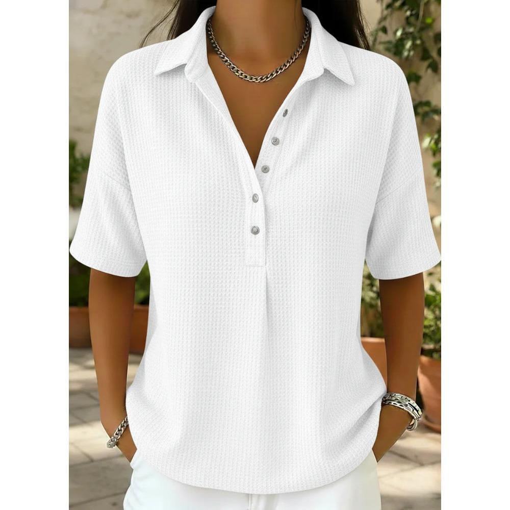 Women's Polo Neck Short Sleeve Waffle Knit Henley Shirt Casual Loose Button Down Blouse