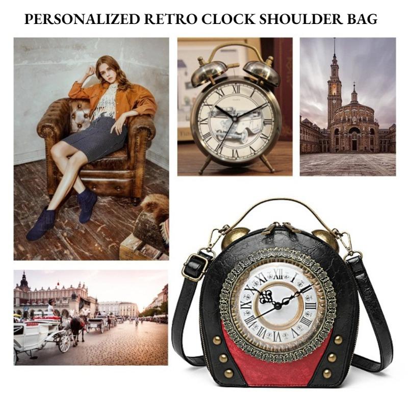 European American Personalized Retro Clock Ladies Handbag High Quality PU Material Antique Shoulder Bags Rivet Dial Design Women's Diagonal Span Bag