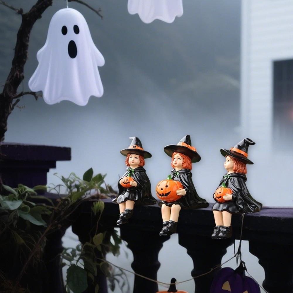 3pcs Resin Crafts Witch Holding Pumpkin Statue Cute Witch Ornament Pumpkin Witch Figurine  Fireplace