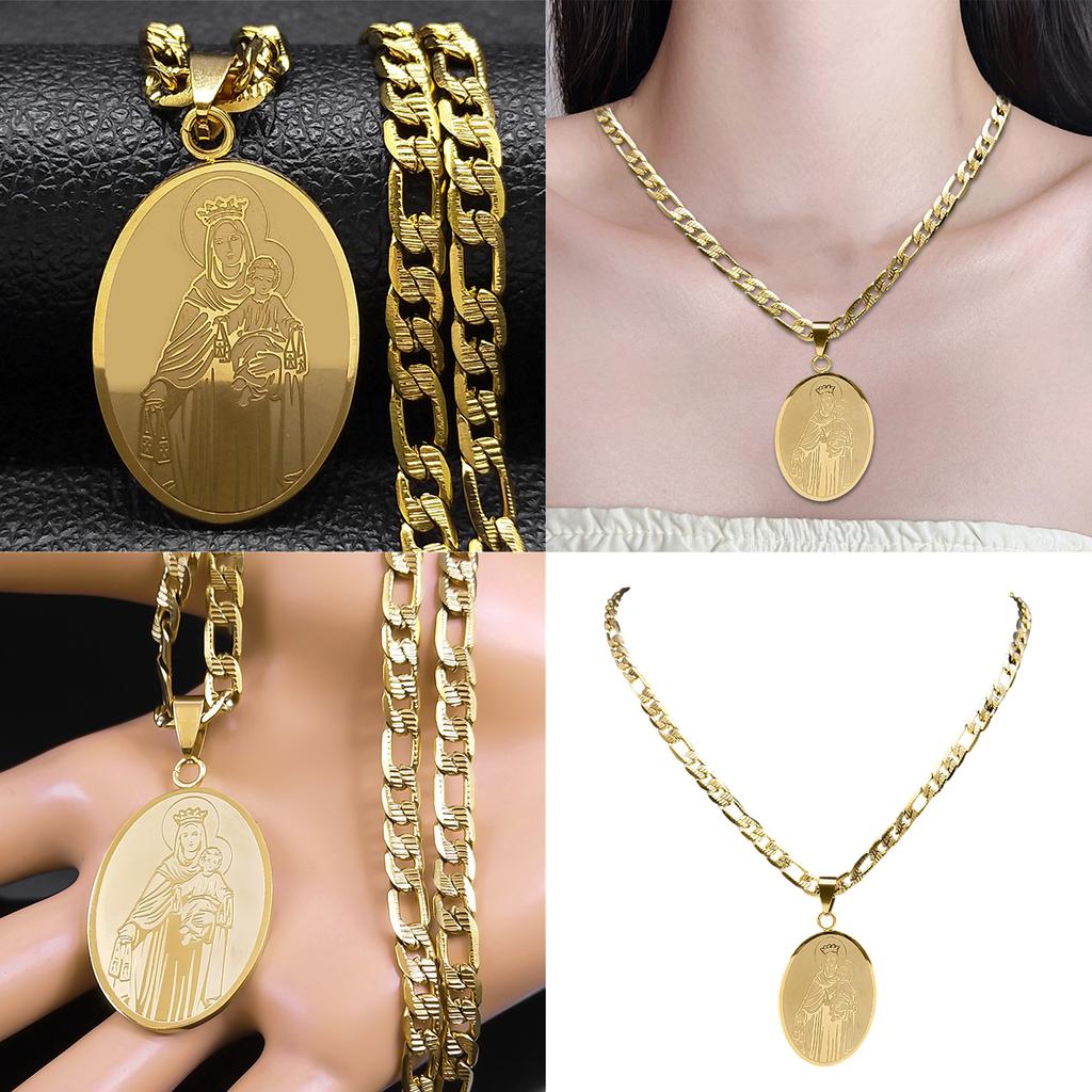 Oval Pendant Necklace for Women and Men Gold Plated Stainless Steel Clavicle Chain Adjustable Neckchain Catholic Jewelry